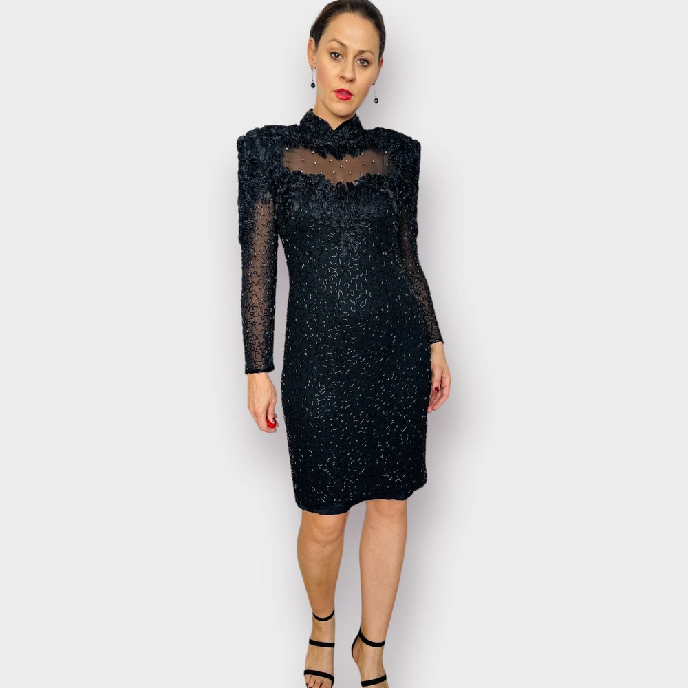 80s Alvce Designs Black‎ Beaded Party Dress